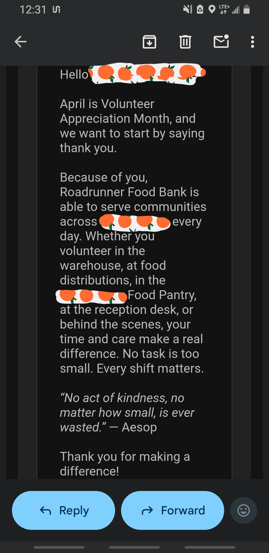 Email talking about volunteer apperication month and thanking the volunteer.